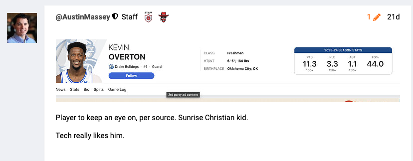 Posted about Texas Tech's interest in Overton 21 days ago over at SBI. 

There has never been a better time to join the community! Our transfer portal thread has over 3,800 comments and counting! 

📲 scarletandblackinsider.com/s