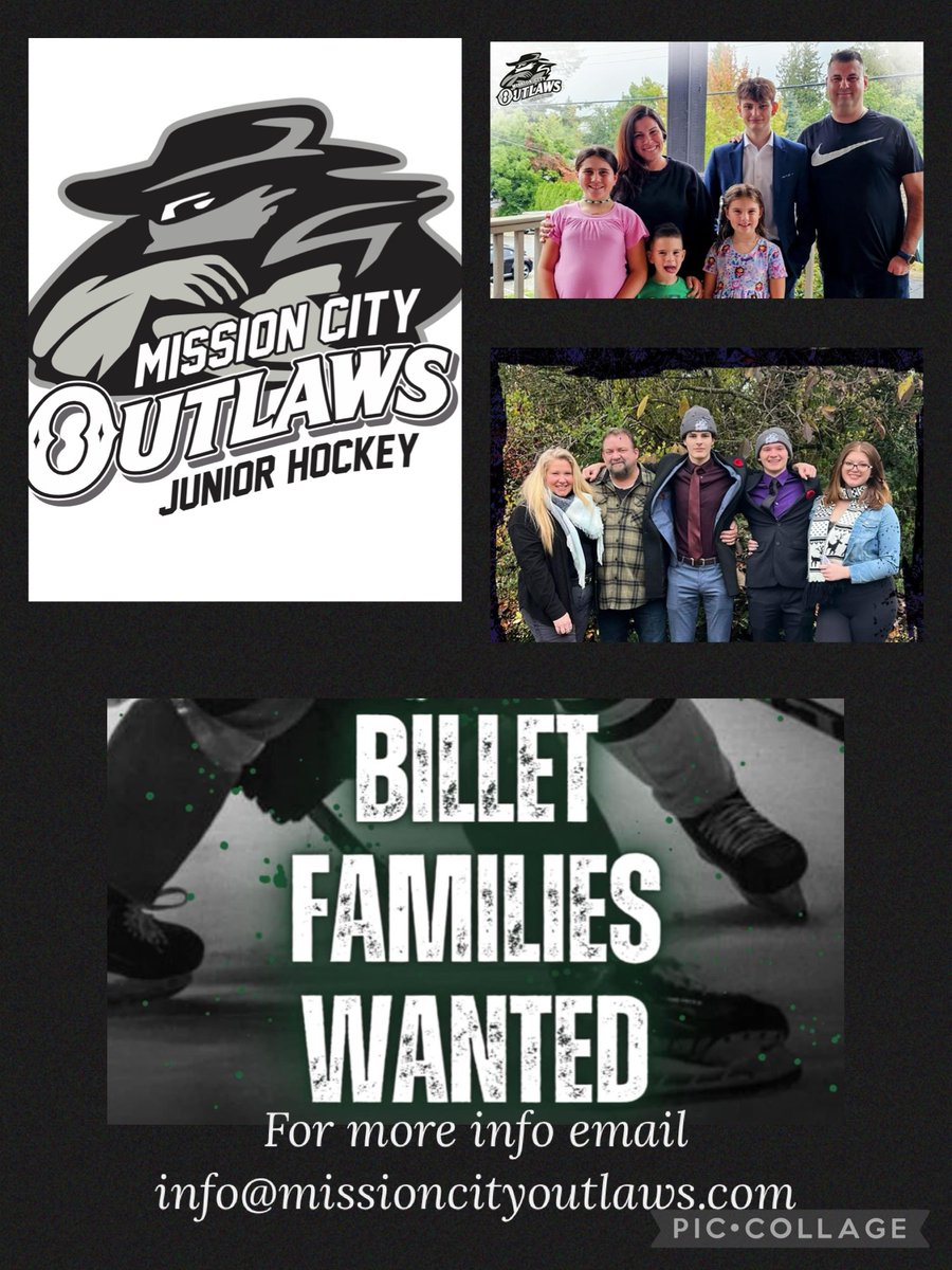 MissionOutlaws's tweet photo. Your Mission City Outlaws are looking for Billet Families for the 2024/25 Hockey Season! For more info please email info@missioncityoutlaws.com #billetfamilies #hockeybillets https://t.co/gvoohFOMDr
