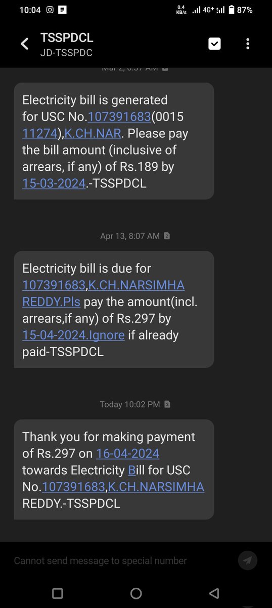 nanigogula's tweet photo. @TsspdclCorporat 

Hello TSSPDCL team,

I am getting messages related to USC NO. 107391683. I am from AP and have no link to this account. Could you please unlink my number 9533640301 from this account. https://t.co/sTf00Tbfpi