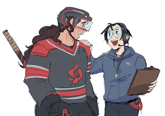 thank you so much to everyone who's donated for the  so far!! thanks to a kind donor, i got a freeform prompt so I drew my incredibly niche bingyuan ice hockey AU. Binghe is the team captain and SY is an ex-figure skater turned temp team manager  