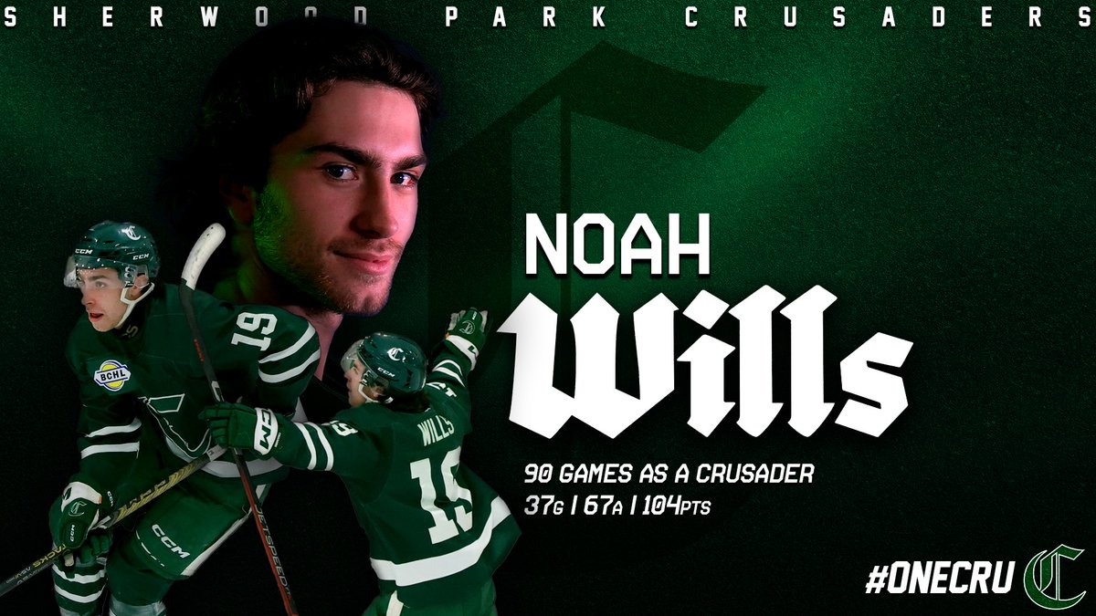 SPcrusaders's tweet photo. This week, we’re honouring our departing players by showing what they have accomplished here in Sherwood Park in the green and white.

Leading scorer of the BCHL Alberta division, Noah Wills delivered exciting Crusaders hockey every game he played.

Thank you, Noah!💚⚔️

#OneCru https://t.co/zW1sRzYYt9