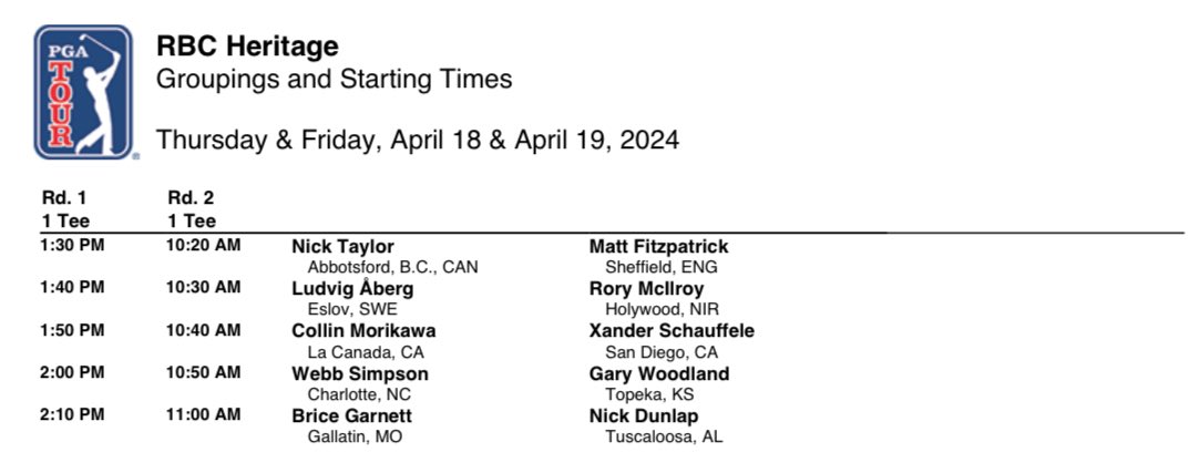 PGATOURComms's tweet photo. Pairings and starting times  for the first and second rounds of the RBC Heritage https://t.co/BMV6ut0DKS