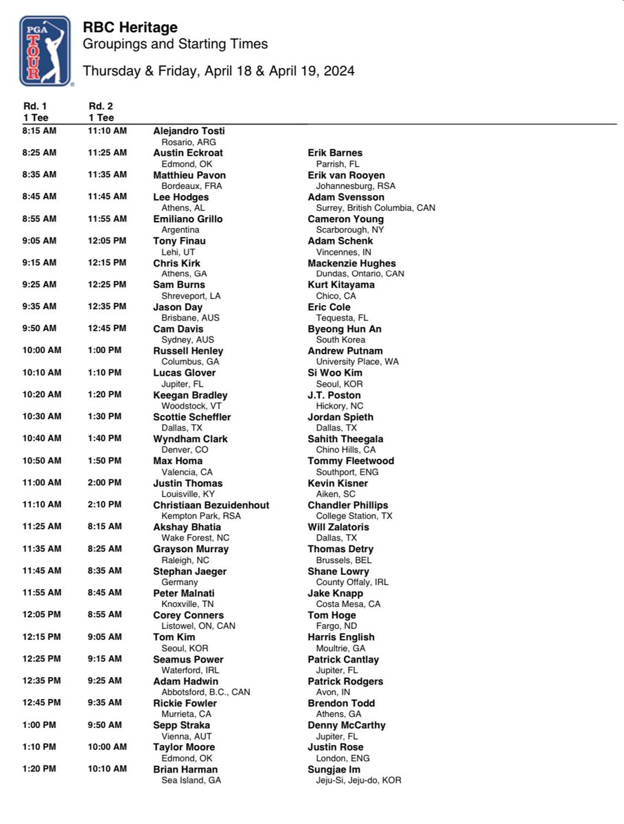 PGATOURComms's tweet photo. Pairings and starting times  for the first and second rounds of the RBC Heritage https://t.co/BMV6ut0DKS