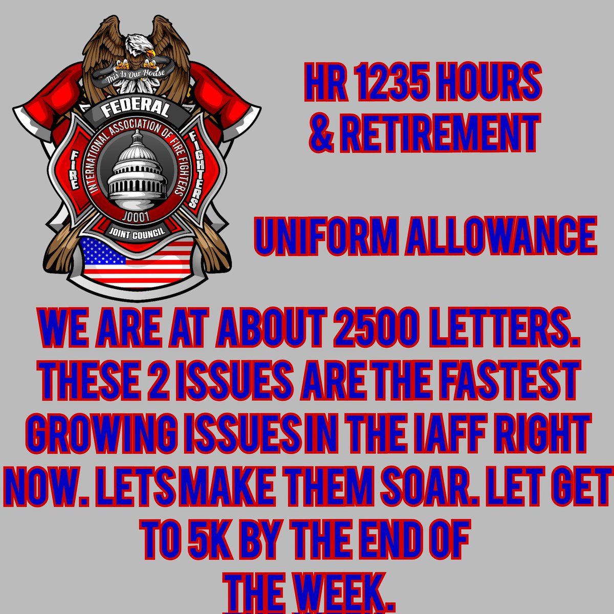 FedFireJC's tweet photo. #iafffedfire needs your help. Please take a moment and go to the links below and take 2 minutes to support our bill for hours and retirement, HR 1235, and our uniform allowance increase. 

https://t.co/xnauKYL6B5

https://t.co/LjFAk8aVH7 https://t.co/aLnJAll8YW