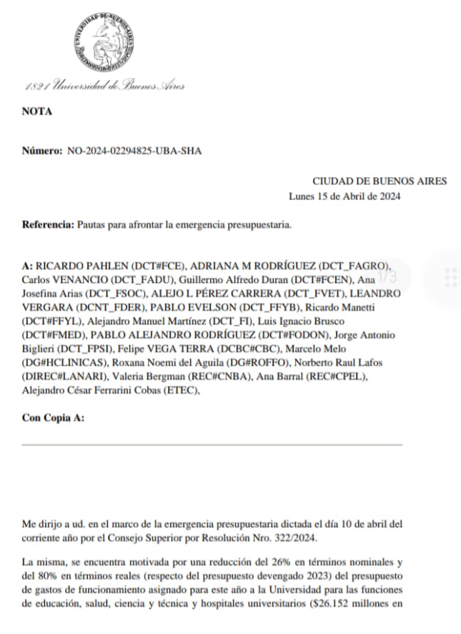 jorgeluisaliaga's tweet photo. Nota del Secretario de Hacienda de la @UBAonline a Decanos, Decanas, Director del CBC y Directores de Hospitales y Colegios sobre medidas de restricción del funcionamiento para gastar menos servicios públicos. https://t.co/8VZBTbcqGa
