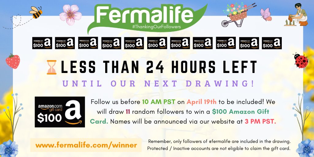 ⌛24 HOURS LEFT until our next #ThankingOurFollowers drawing! 11 random followers will win a $100 #AmazonGiftCard! Follow us before April 19th, 10AM PST to be included in the drawing! LEARN MORE: fermalife.com/winner✨💐🥕