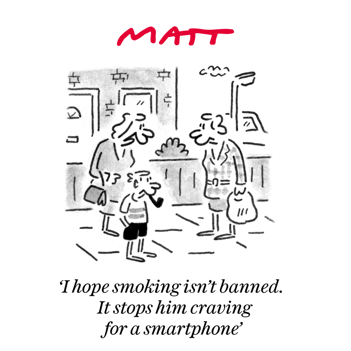 MattCartoonist's tweet photo. 'I hope smoking isn't banned. It stops him craving for a smartphone'

My latest cartoon for tomorrow's @Telegraph

Buy a print of my cartoons at https://t.co/ILFJjPmckx

Original artwork from https://t.co/bVPAkgE34y https://t.co/YN7LKoNF0X