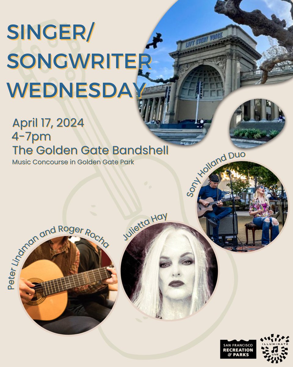 Singer/Songwriter Wednesday is tomorrow!! Take a mid-week musical break and join us at the Golden Gate Bandshell Wednesday April 17 from 4-7pm to hear free live music performed by: Sony Holland Julietta Hay Peter Lindman & Roger Rocha See you in the park tomorrow! @recparksf