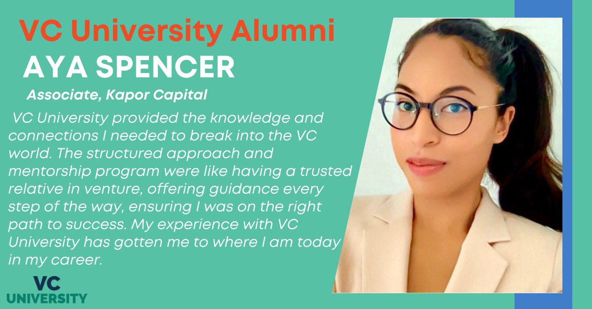 As we continue to celebrate #VCUniversity’s 5-year anniversary, we’re putting a spotlight on our amazing alumni: meet @ayacancode, Associate at @KaporCapital! Congrats to Aya and all of our VC University alumni - your success is a testament to the program's continued efforts to…