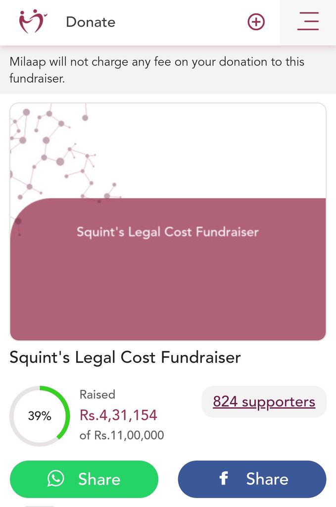- @KreatelyMedia in association with Milaap raised 4.3 lakhs for @TheSquind in merely 4 hours but they had to shut down the fundraising after pressure from state govt. However 4.3 Lakhs has been transferred & efforts are being made to raise the remaining funds sooner