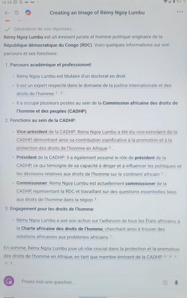 J'acquiers un tank militaire de la com, une mega tablette de 1kg de chez Oukitel, l'IA y est incorporée par une application dénommée Copilot fonctionnant sous GPT4. Je demande un peu à la bête de me dire qui est Rémy Ngoy Lumbu. En une minute, la machine s'exécute. On va vers où?