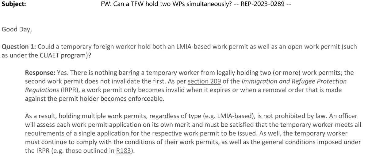 IRCC REP Q&A 2023-0289

Question: Can a temporary foreign worker hold both an LMIA-based work permit and an open work permit at the same time? 

Answer: Yes.