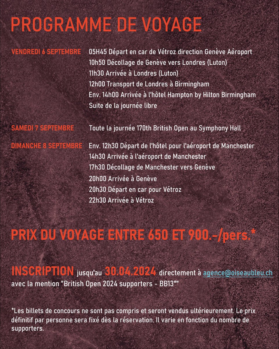 BB13* (@bb13_etoiles) on Twitter photo 🔴⚫ Accompagnez le BB13* au British Open en septembre 2024 à Birmingham ! ✈️🎵
📧📅 Renseignements et inscriptions jusqu'au 30 avril auprès de l'agence L'Oiseau Bleu (agence@oiseaubleu.ch) 🔴⚫ Accompagnez le BB13* au British Open en septembre 2024 à Birmingham ! ✈️🎵
📧📅 Renseignements et inscriptions jusqu'au 30 avril auprès de l'agence L'Oiseau Bleu (agence@oiseaubleu.ch)