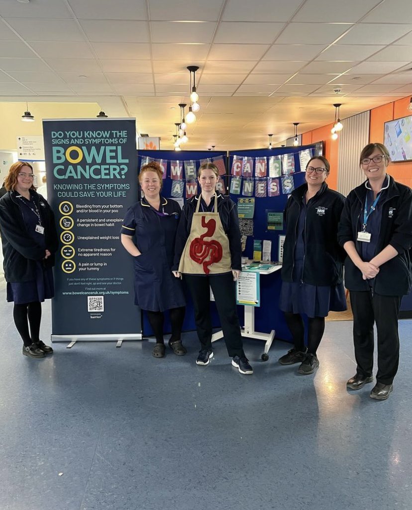 Staceyharper68's tweet photo. The stoma team &amp;Colorectal nurses will be in the main entrance for the next 2 days to help bowel cancer awareness spread awareness! I will be doing my 5 hour silence Wednesday! Pop down and say hi! I won’t say it back 🙈. @DerrifordNurses @Derriford_Hosp @SueClemow @Nickymetty https://t.co/mBE2Q9XePn
