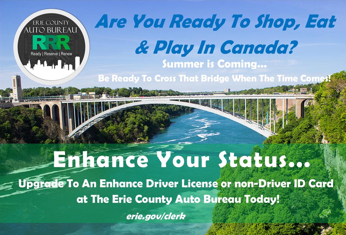 If your summer road trip includes a visit to Niagara Falls or Niagara On The Lake, travel to Canada is a lot easier with an Enhanced License or non-driver ID! See what’s needed here: erie.gov/clerk/Enhanced… #EnhanceYourStatus #DMV #EDL #Travel #Summer #RoadTrip #TravelTuesday