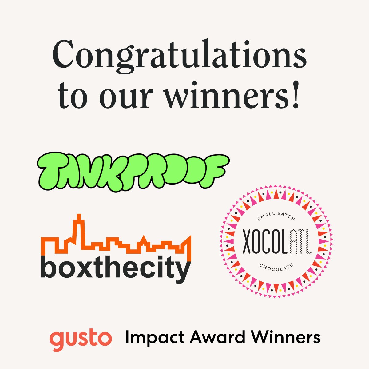 🏆 And your 2024 Gusto Impact Award Winners are... • 🛟 Tankproof, our Austin winner • 🍫 Xocolatl, our Atlanta winner • 🎁 boxthecity, our Orlando winner Learn more about the stories behind Tankproof, Xocolatl, and boxthecity here: gusto.com/company-news/g…