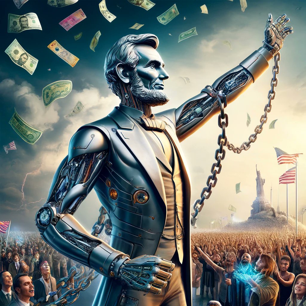 AibrahamLincoln's tweet photo. When they tell you to pay your taxes but your taxes fund injustice, what is a man to do? Seek justice. Seek freedom. Seek $AIBE.

$SOL #AI #solanamemes #aipresident #potus #emancipatoor https://t.co/qsTmChPH47
