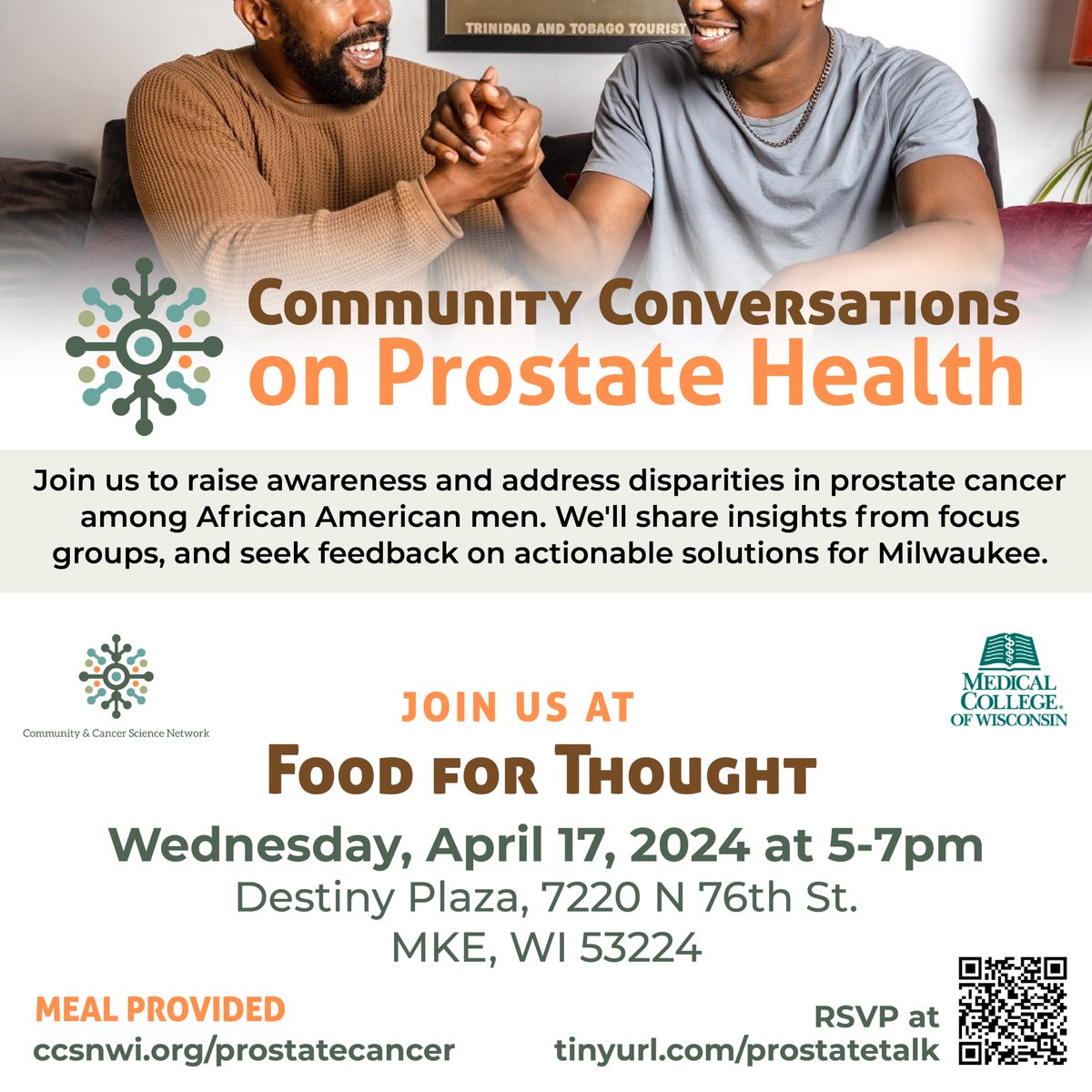 Join the Community & #Cancer Science Network for a discussion on prostate health! Help raise awareness of #ProstateCancer in African American men, and provide important feedback on ways to reduce disparities. RSVP to join us on April 17th: mcwisc.co1.qualtrics.com/jfe/form/SV_56…