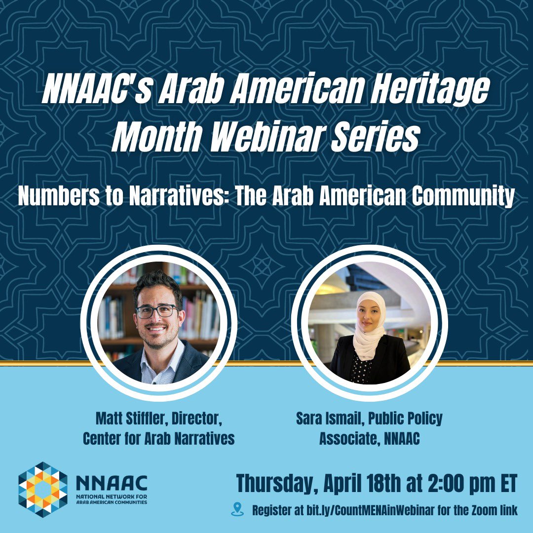 🗓️ This Thursday 🗓️ grantee @NNAAC is hosting “Numbers to Narratives: The Arab American Community.” Dive into the best data for this group and hear how it can interpreted to better engage and serve Arab Americans everywhere: bit.ly/CountMENAinWeb… #AAHM