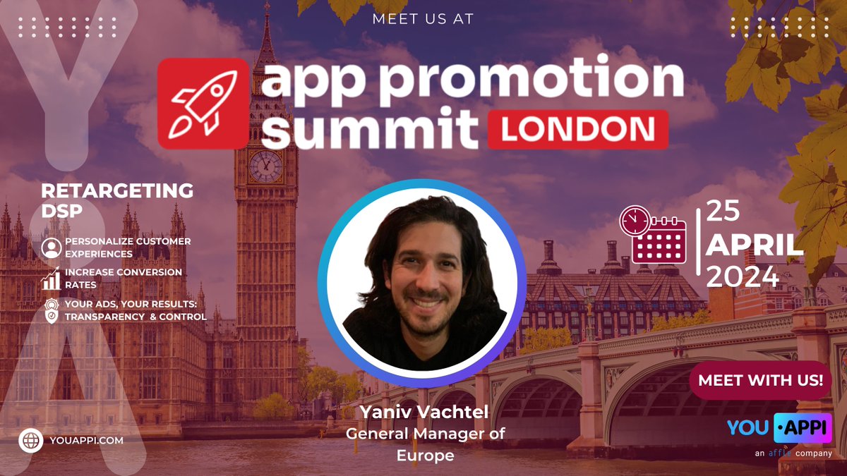 We're excited to discuss #appmarketing strategies with Europe’s top app growth experts at #APSLondon next week! Schedule a meeting with our GM of Europe, Yaniv Vachtel and let's discuss how retargeting can level up your growth strategy. 🚀