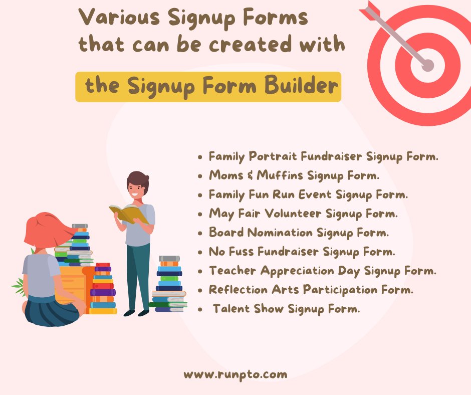 Here are the various Signup Forms that can be created with the Signup Form Builder.

Visit runpto.com to learn more.

#runpto #parentteacherassociation #PTO #workflow #onlineforms #PTAcommunity #managementsoftware #PTAmanagement