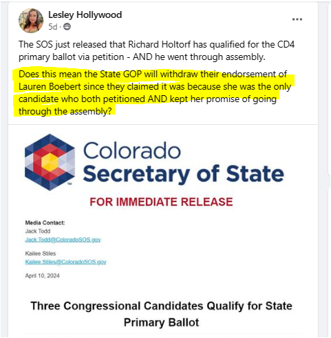 Hello @cologop - Are you going to follow the rules and withdraw the @LaurenBoebert endorsement or are you a bunch of hypocrites just like Bobo? #copolitics