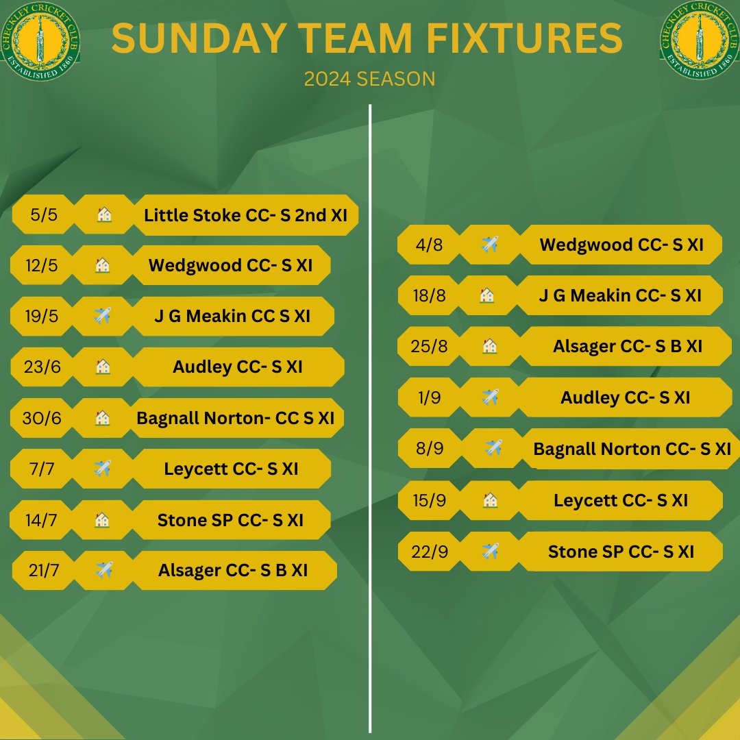 🏏 Checkley’s 2024 Season Fixtures are Here! 📅🌟
  Whether you’re a die-hard cricket fan or a casual spectator, mark your calendars and join us for an action-packed season. 🤩🏆 

#checkleycc #uptheaces #seasonfixtures