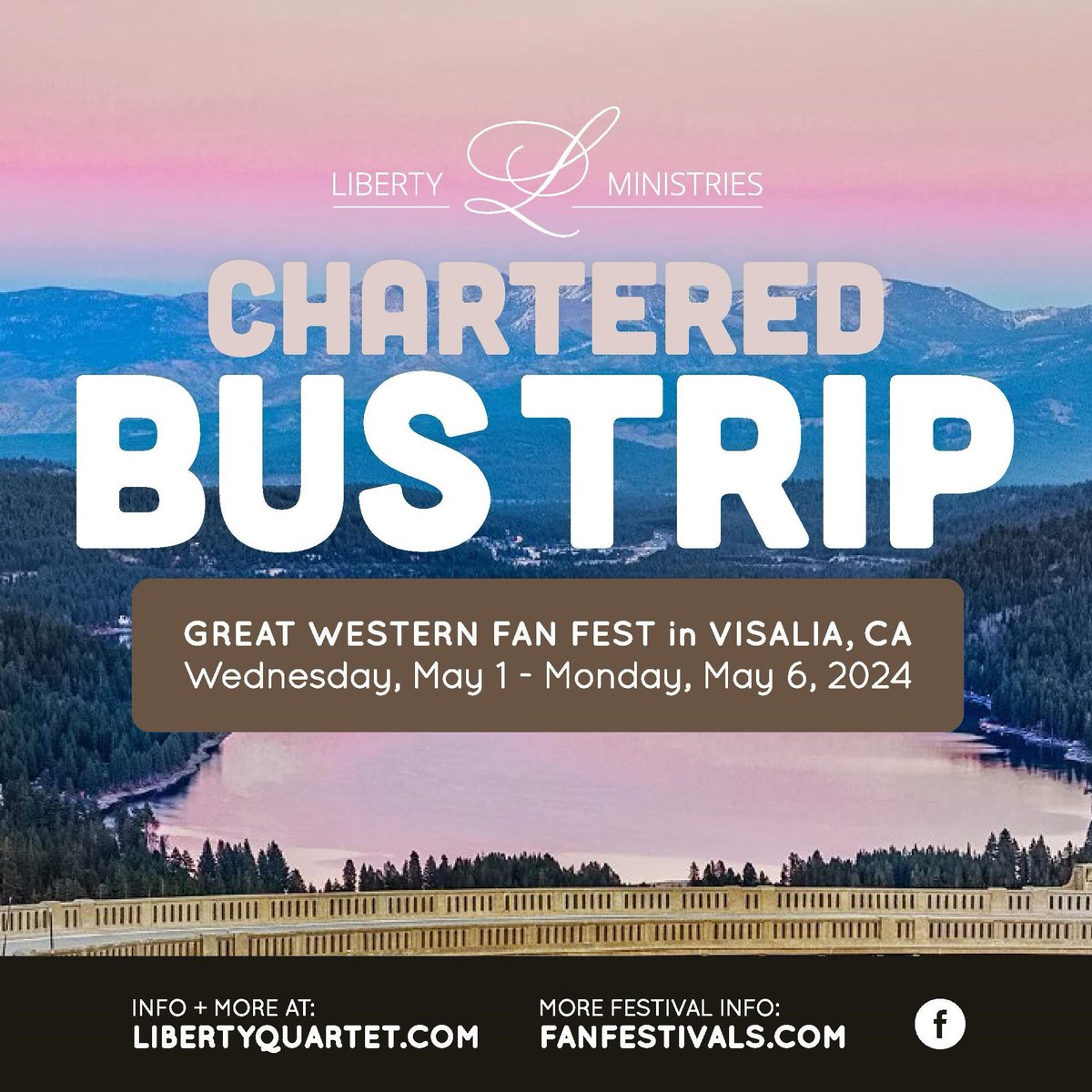 10 spots remaining! Travel with Liberty Ministries and friends as we charter 2 BUSES from Meridian, ID, to Visalia, CA, to enjoy the Great Western Fan Festival. Contact Sandy in our office at 208-938-9364 by Monday, April 22nd to let her know you're coming with us!