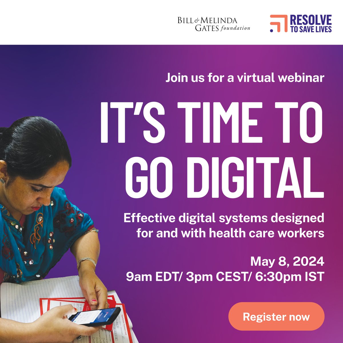 Join us May 8 for a webinar with @gatesfoundation on designing digital health tools that keep health care workers at the center. Panelists include @dburka, @drtomfrieden, @suhelbidani, @Aartitoday, @alabriqu, @Shelaghjoyce, and Marelize Gorgens. RSVP: bit.ly/49rO7cV