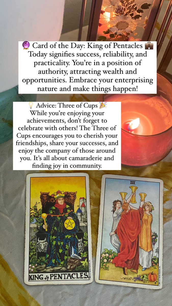 🔮 Today’s Tarot Card: King of Pentacles 💼 Embrace success & reliability.
💡 Advice: Three of Cups 🎉
Celebrate achievements & cherish friendships. #Tarot #KingofPentacles #ThreeofCups 🌟