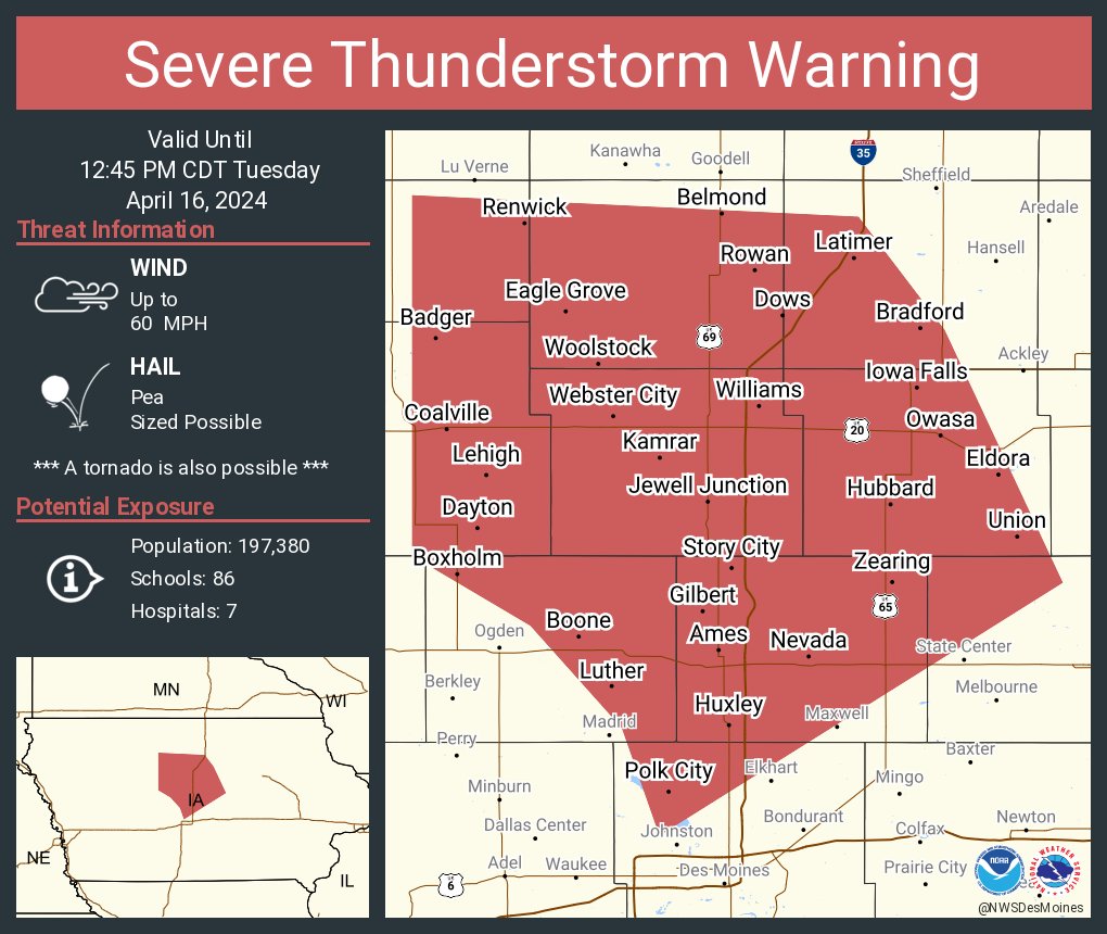 Severe Thunderstorm Warning including Ames IA, Fort Dodge IA and Boone IA until 12:45 PM CDT