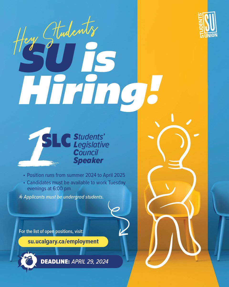 📣 Calling all undergrad students! Join the ultimate campus crew! We’re hiring one SLC Speaker. 

✨ Flexible hours? Check!
✨ Paid? Double check!
✨ Fun team vibes? Triple check! 

The deadline to apply is April 29, 2024 at 4:00 pm.

#SUUOFC #UCALGARY