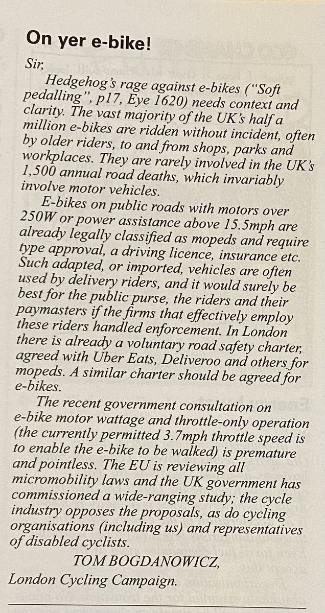 👀! @PrivateEyeNews a letter from @London_Cycling on the hot topic of recent Government consultation on e-bike wattage