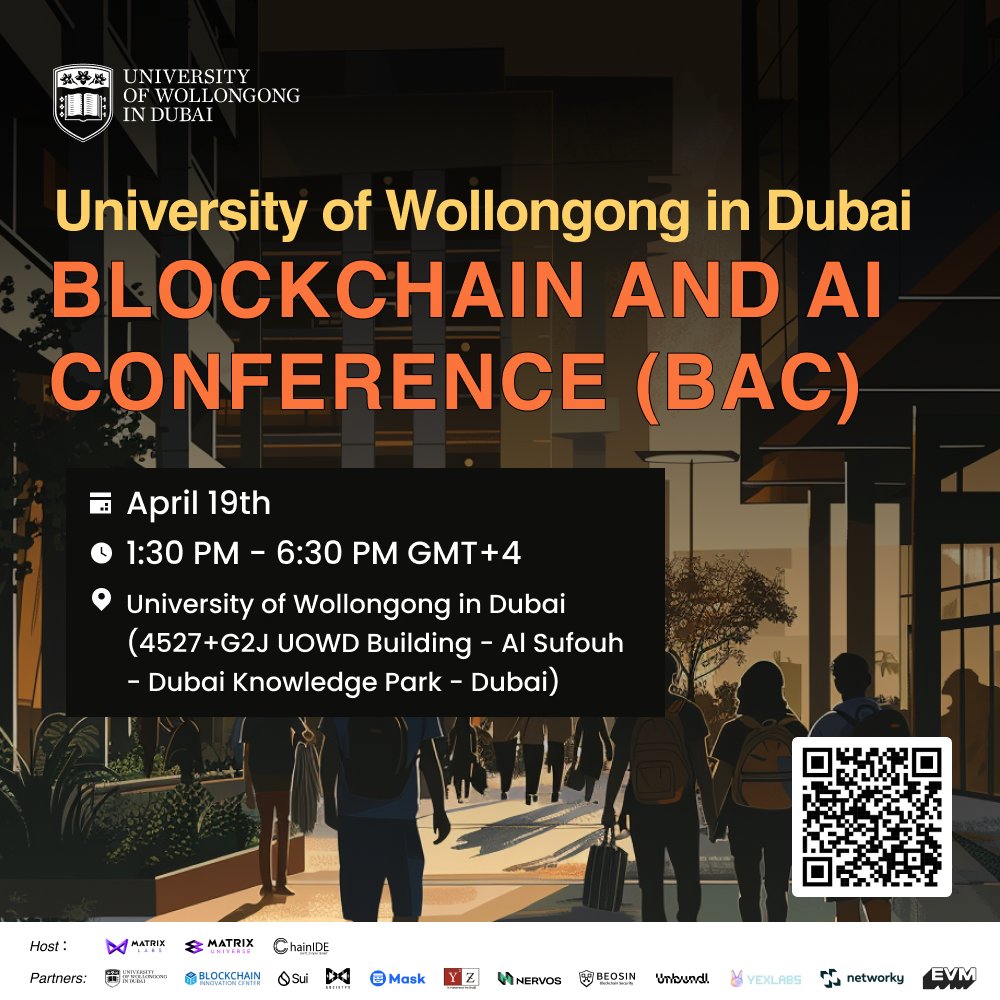 🚨 EVENT ALERT 🚨 We're partnering with the University of Wollongong in Dubai @UOWD and other Web3 friends to host the Blockchain and AI Conference for #TOKEN2049 week on April 19th❗ 📅 Date: Friday, April 19th 🕒 Time: 1:30 - 6:30 PM (GMT+4) 📍 Location: University of