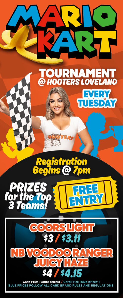 Hooters Loveland and Colorado Springs are hosting Mario Kart tournament fun tonight! Prizes for the winners each Tuesday!! 💥 #mariokarttour