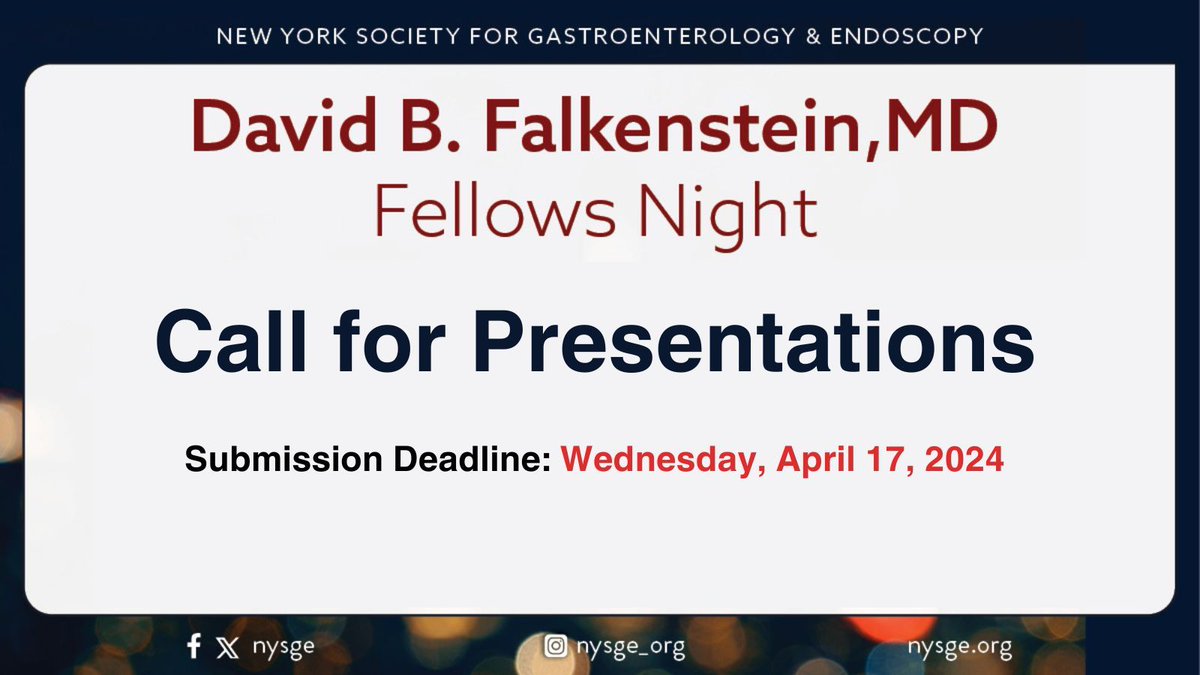 DUE TOMORROW—Please submit your unique, challenging or otherwise interesting cases for NYSGE's David B. Falkenstein Fellows Night! Submissions will be considered on a first-come, first-served basis. Learn more here: buff.ly/3w4yyKt