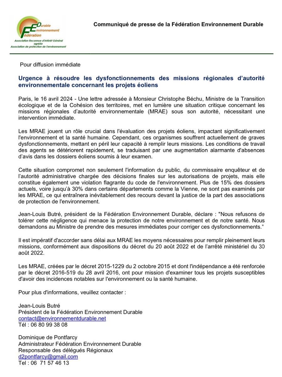 « Dysfonctionnements des missions régionales d'autorité environnementale sur les projets éoliens »
Communiqué de presse  de la Fédération Environnement Durable