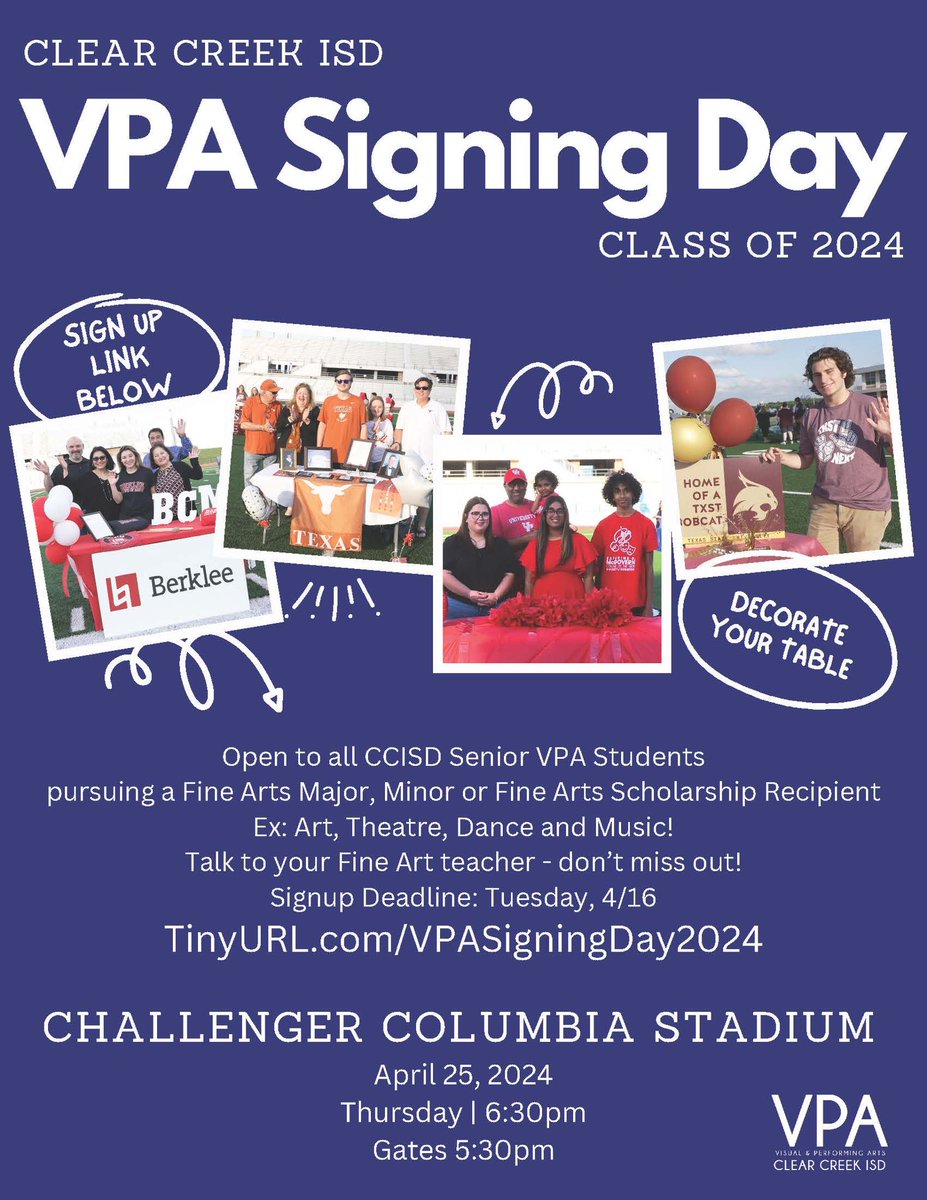If you are a senior pursuing the Fine Arts in college, we would love to recognize you at our 2nd Annual VPA signing day! Be sure to sign up at the link listed on the flyer.