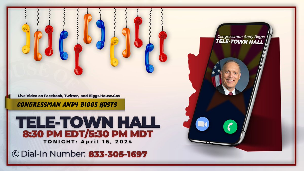 TONIGHT! I'll be hosting this month's tele-town hall this evening at 8:30 pm EDT/5:30 pm PDT to discuss important topics and answer your questions. Call 833-305-1697 to listen in and ask me questions.