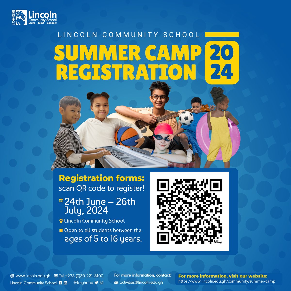 We are excited to announce that the 2024 LCS Summer Camp Program registration & enrollment are now open for both LCS & non-LCS children. Find all the details & register below: Link for more information - lincoln.edu.gh/community/summ… Link for registration - bit.ly/lcssummercamp24