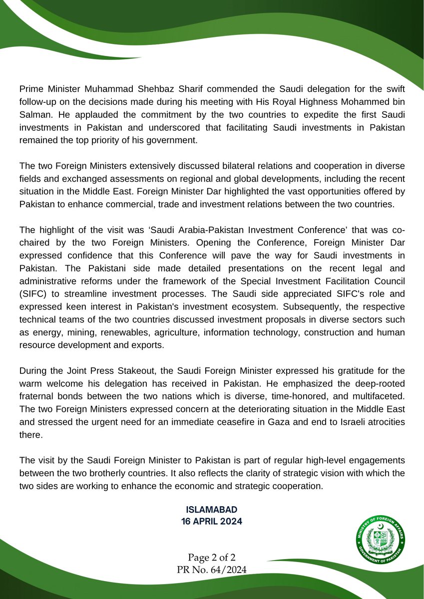 🔊: PR NO. 6️⃣4️⃣/2️⃣0️⃣2️⃣4️⃣ Visit of Saudi Foreign Minister to Pakistan 🔗⬇️ mofa.gov.pk/press-releases…
