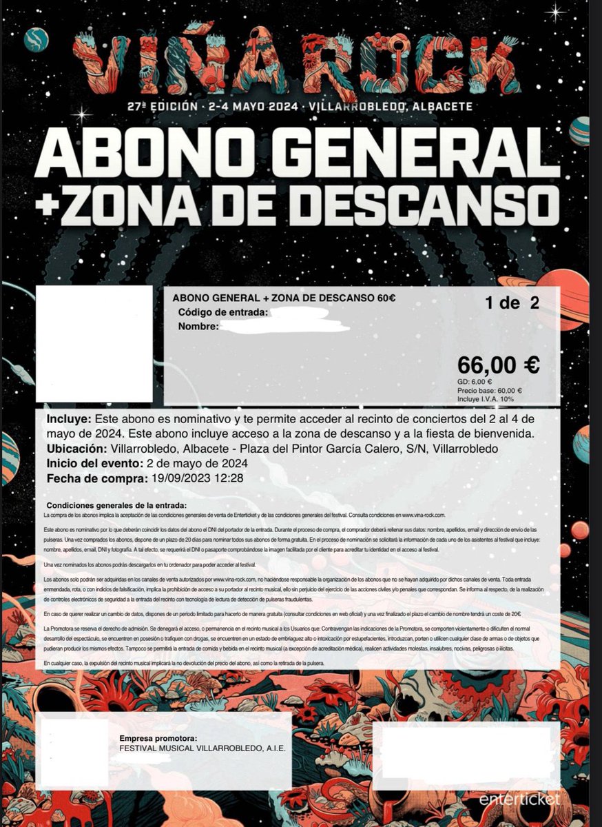 martasantiaggo's tweet photo. Se vende entrada VIÑA ROCK por 55€ con cambio de nombre incluido en el precio (20€).
Entrada + camping + fiesta de bienvenida
Más info md https://t.co/P0JwY0oDbK