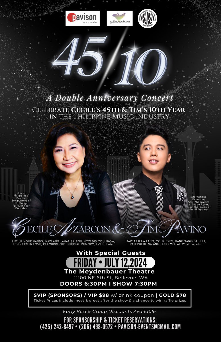 TimPavino's tweet photo. This July! See you all in Bellevue, Washington for one memorable evening and celebration! Honored to share this anniversary moment with the one and only, Ms. Cecile Azarcon-Inocentes! 🎉🫶🏼🎶 https://t.co/xnHt71lp3V