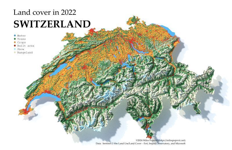 A lovely landcover map of Switzerland by Milos Popovic. Switzerland even looks pretty on a map... Source: buff.ly/3Uh9VU8