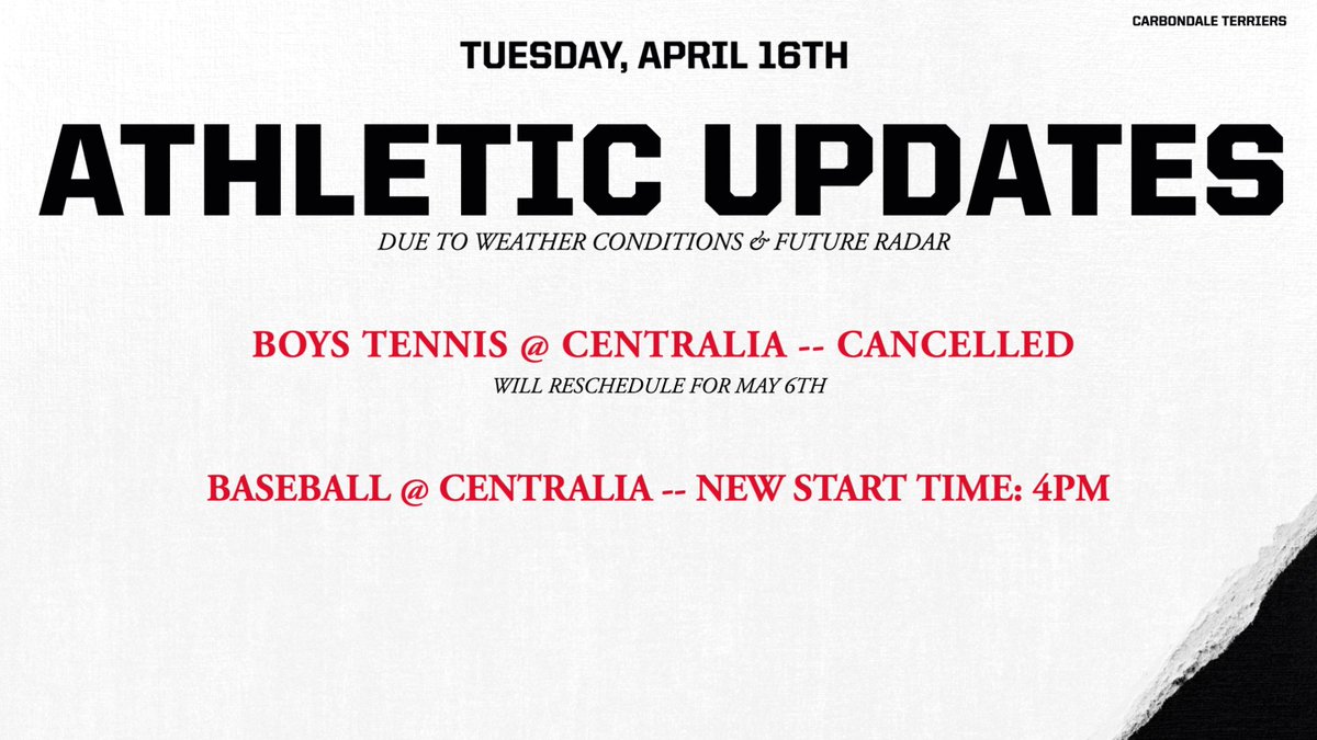 Athletic Updates for Tuesday, April 16th:

Boys Tennis- Rescheduled for May 6th

Baseball- NEW START TIME: 4pm!

#GoTerriers🐾