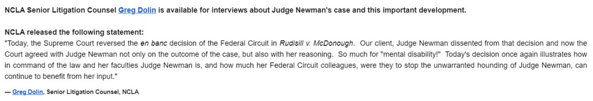 Here's something you don't see every day. Lawyer for 96-year-old Fed. Circ. Judge Pauline Newman, who was suspended over mental fitness, issued a statement on the #SCOTUS veterans ruling today, noting that Newman's dissent was vindicated. 'So much for 'mental disability!''