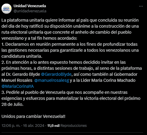 La plataforma unitaria quiere informar al pais que concluida su reunión del dia de hoy ratificó su disposición unánime a la construcción de una ruta electoral unitaria que concrete el anhelo de cambio del pueblo venezolano y a tal fin hemos acordado:
