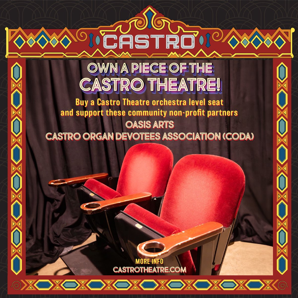 Buy a Castro Theatre orchestra level seat and support our non-profit partners Oasis Arts and the Castro Organ Devotees Association (CODA) 🌟 Click here to learn more: bit.ly/444IWyG 🎭 📽️
