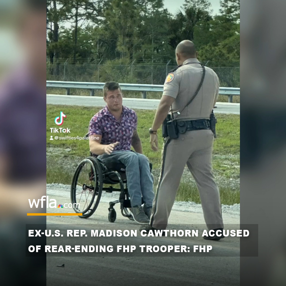 EX-CONGRESSMAN CRASHES WITH TROOPER: Former Rep. Madison Cawthorn reportedly injured an FHP trooper Monday after rear-ending the trooper's patrol vehicle, according to several reports. Read more: bit.ly/3JrCxDT Photo credit to Alethea Shapiro via TMX