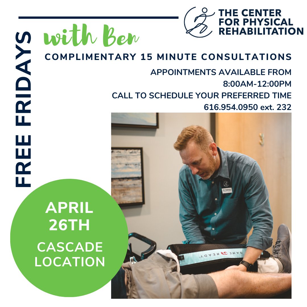 PTCPR_GR's tweet photo. FREE Friday's are back again in Cascade this month, with physical therapist Ben Eggleston!

DATES: Friday, April 26th
TIME: 8:00AM-12:00PM
PHONE: 616.954.0950 ext. 232
LOCATION: Cascade Clinic

*Restrictions apply. Call for details. https://t.co/p0gjwiLaUj